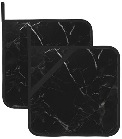 Set di 2 presine da cucina, motivo marmo nero, resistenti al calore, antiscivolo, per cucina, cottura al forno, barbecue, presine con tasche
