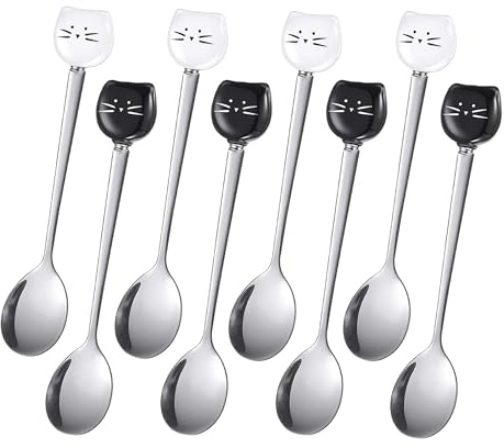 8 Stück Süß Edelstahl Katze Kopf Kaffee Löffel,Kaffeerührlöffel, fein poliert 2 face,Katze Liebhaber Löffel, Eiscreme Dessert Löffel zum Rühren Tee Kaffee Zucker Dessert (Schwarz, Weiß)