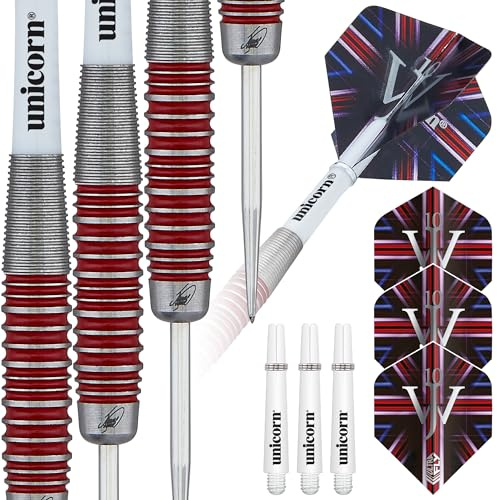 Unicorn Darts Set | James 'The Machine' Wade | 90% Tungsten Barrels with Red Ring Accents | Steel Tip Volute Points | 26g
