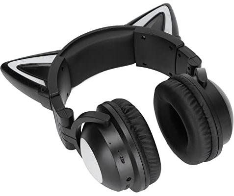 ASHATA Stereo Gaming Headset with Micphone, RGB Bluetooth Cats Ear Headphones, Foldable, 7 LEDs, EDR Bluetooth 5.0 and 3.5mm Wired Connection, Adjustable Headband, Black