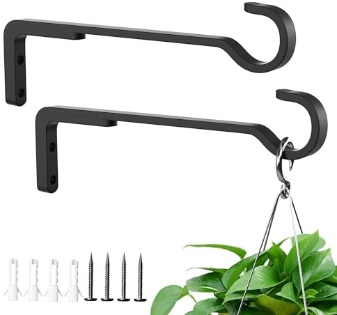 Hanging Basket Brackets Outdoor,Hanging Basket Hooks,Heavy Duty,20CM 2 Pack | Black, Metal, Indoor Plant Hanger Wall Mount, Wall Brackets for Hanging Baskets, Bird Feeder, Wind Chime, Garden Fence Hooks