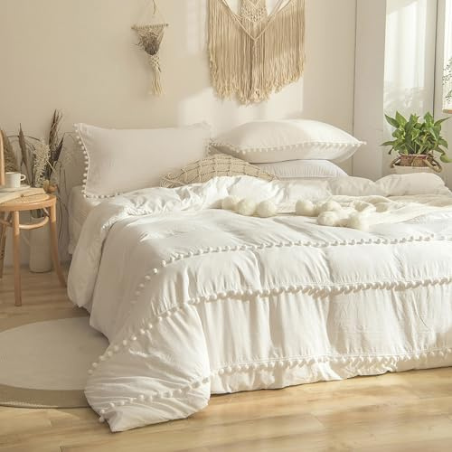 Wotcsil Juego de Funda Nórdica 220x230 cm Blanco Juego de Ropa de Cama Boho con Pompón Bohemia en Microfibra Suave con Funda de Almohada y Cremallera (Blanco, 220x230)