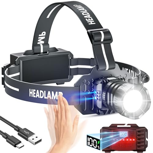Sogdeco Head Torch Rechargeable 8 Light Modes 50000LM Super Bright Led Headtorch with Red Warning Light,Sensor Control,Head Torch Waterproof IPX6 for Camping Running Fishing Hiking