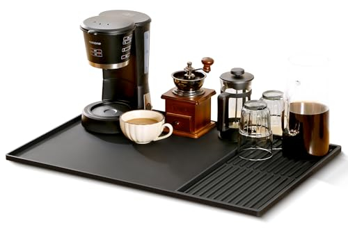 Abtropfmatte Geschirr, 40.5x61cm Unterlage Kaffeemaschine Matte Silikonmatte mit 19x40cm Abtropfmatte Spüle Trockenmatte Hitzebeständiges Rutschfeste, 2 en 1 Silikon Matte Unter Kaffe (Schwarz)