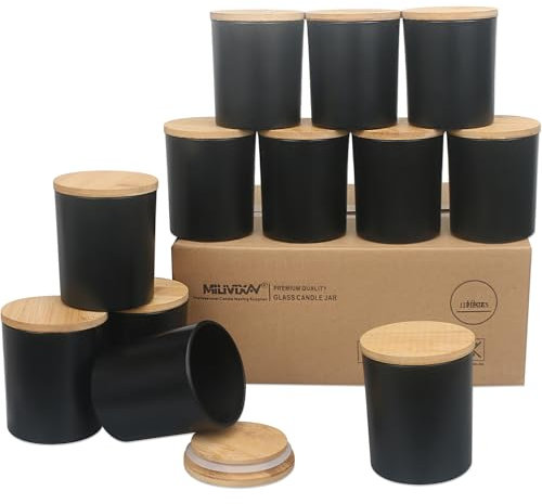 MILIVIXAY 12 Pack 10 OZ Matte Black Thick Glass Candle Jars with Lids - Bulk Empty Candle Jar for Making Candles - Spice, Powder Containers.