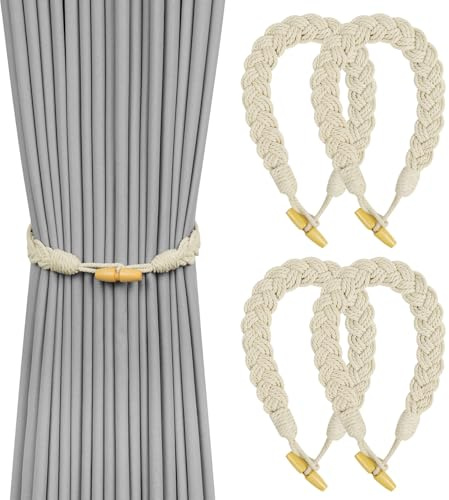 HOTUT Fermatenda in corda di cotone naturale, 4 pezzi fermatenda in corda intrecciata a mano, eleganti fermatenda decorativi in stile boho, morbidi fermatende a mano, colore: bianco