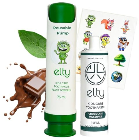 Elty™ Chocolate Milkshake Toothpaste -Natural, Fluoride-Free, Refillable with Hydroxyapatite, Remineralising, Co-Designed with Dentist.Toxic Free Oral Care, 2+Years, UK Made,75ml, incl. Reusable Pump