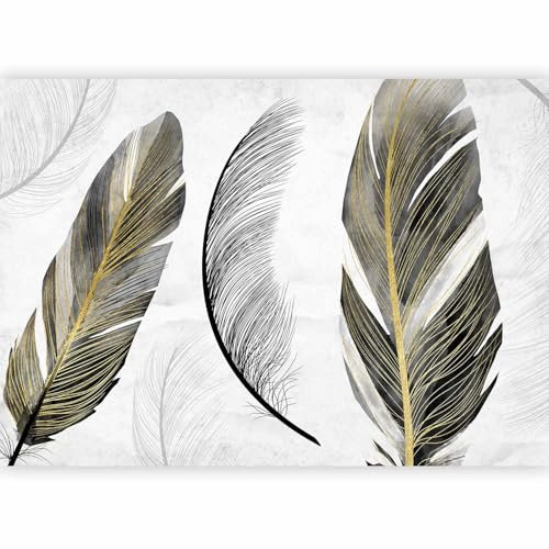 murando - Papier Peint Panoramique Intissé Nature 350x256 cm - Revêtement Mural pour Chambre Salon - Moderne Décoration - Gris blanc vert jaune - Plumes bohème vent aquarelle or b-C-10211-a-a