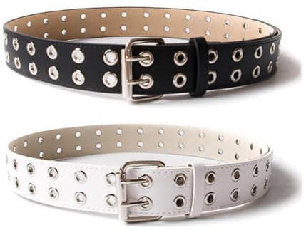 QSZHSL 2 Cinture Punk Donna, Cintura in Pelle con Borchie Punk, Doppia Fibbia, Taglia Unica, Nero, Bianco
