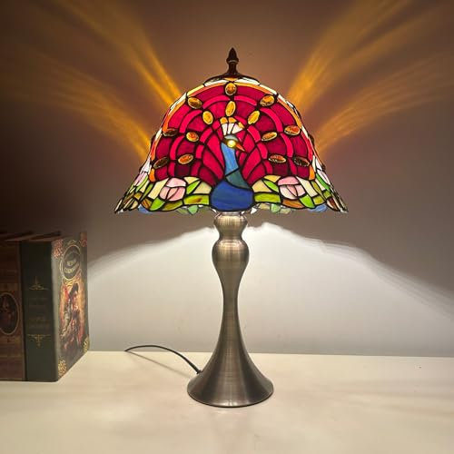 BOTOWI Tiffany Stil Tischlampe Rotes Buntglas Pfau Lampenschirme mit Gold Eisensockel 12X12X18 Zoll Vintage Schreibtisch Leselicht Dekor Schlafzimmer Nachttisch Wohnzimmer Büro