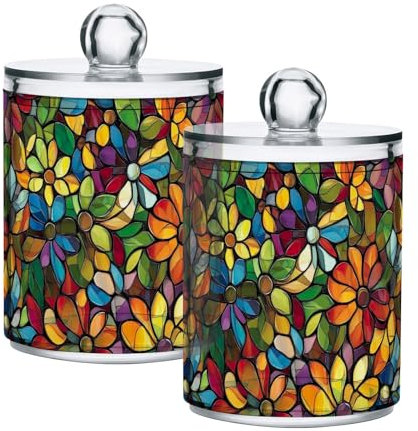GAIREG Paquete de 2 dispensadores de almacenamiento de hisopos de algodón con diseño de flores de vidrieras, frascos de boticario, frascos de baño y cepillo