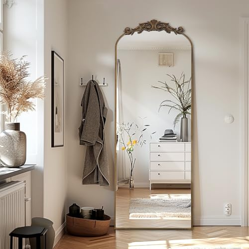 LunaMirror Filigree Standspiegel 146x44cm Ganzkörperspiegel met Vintage Sierlijke Gesneden Applicatie Retro Home Decor Wandspiegel voor Woonkamer Slaapkamer Hal Entree, Bronze