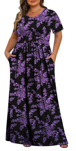 Tencede Womens Plus Size Maxi Dresses Summer 2026 Casual Short Sleeve with Pockets Long Dress 1X-5X, Black Purple Flowers, 5XL