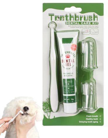 Pet Toothpaste and Toothbrush Dog Cat Dental Care Kit with 360° Finger Tooth Brushing Cleaning Beef Flavor Tools Breath Freshener Plaque Tartar Remover (Vanilla Flavor, One Size)