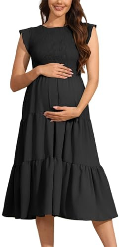 Vuncio Robe Plissée Maternité sans Manche Col Rond Robe mi Longue Grossesse à Volants Ete Grande Taille Ample Enceinte Chic Pas Cher Shooting Photo