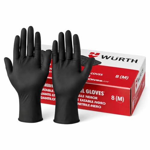 Guantes Nitrilo Würth Negros Sin Polvo – Guantes de Nitrilo Desechables Resistentes para Uso Profesional, Taller, Mecánica y Limpieza - Talla M