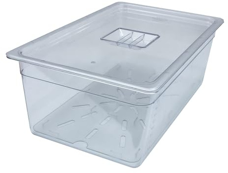 AcMax Set de policarbonato GN 1/1 Gastronorm, recipiente GN, 28 litros, profundidad de 200 mm, plástico con tapa y bandeja de goteo