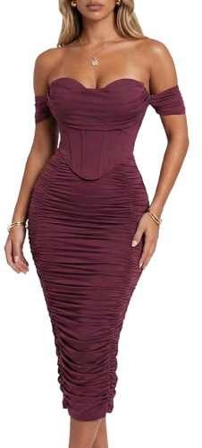 CurvySweet Scarlett Women's Off the Shoulder Faux-Corset Ruched Midi Dress