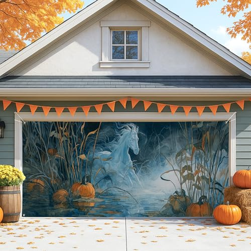 Mystical Magical Horse - Cubierta para puerta de cochera, arte de fantasía azul, decoración grande para puerta de garaje, decoración de fondo de fiesta de Halloween al aire libre, 157 x 71 pulgadas