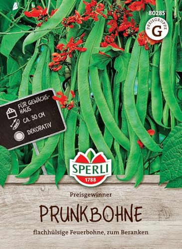 Sperli Prunkbohnensamen Preisgewinner 80285, Gemüsesaat | Sehr ertragreich, hoher Wuchs, Attraktive rote Blüten für 7-9 Stangen, Länge 25-30 cm