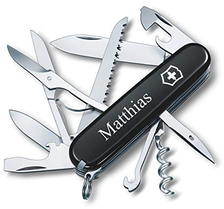 Victorinox Taschenmesser Huntsman mit Wunsch Druck auf der Schale I Geschenk für Männer Frauen I zum Geburtstag I Schweizer Taschenmesser personalisiert mit 15 Funktionen 1.3713 (schwarz)