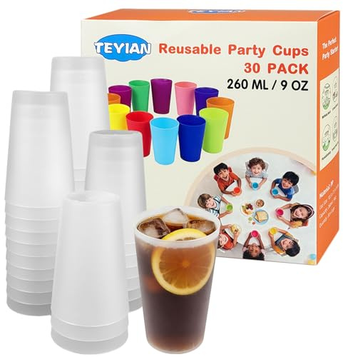 TEYIAN 30 Pack Plastic Cups 260ml Reusable Drinking Cups Durable Plastic Tumblers Set for Kitchen Outdoor Parties Picnics Camping BBQ - Transparent