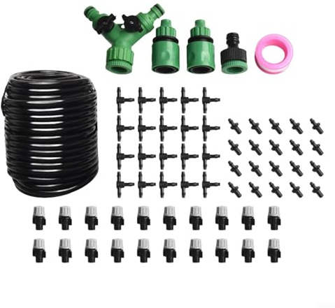 Zoegneer Kit di irrigazione a goccia da 20 m, flusso d'acqua regolabile, tubo in PVC, sistema di irrigazione automatico per giardino, ortaggi e aiuole, livello di radice efficiente, consegna