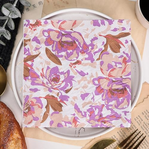 Serviettes en Papier Fleurs Violettes Serviettes en papier jetables,douceur et moelleux,idéales pour Fêtes,Traiteur,Anniversaires,Intérieur ou Extérieur tous les jours 10 Paquet(33x33cm)
