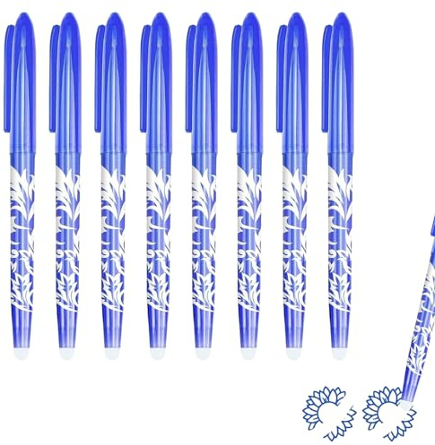 Hyleon 8Pcs Erasable Pens Blue Friction Pen, 0.5mm Rub Out Pens, Smooth Writing, Erasable Gel Ink Eraser Pens with Rubber on the End for Kids Adults School Work Paperwork Stationary
