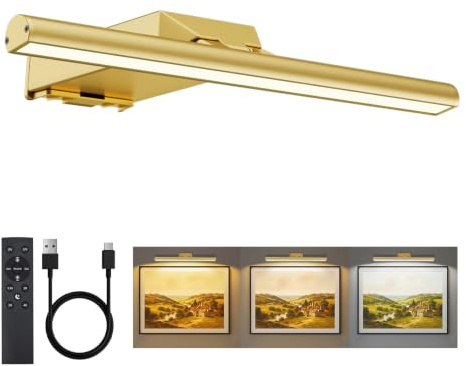 Neymlya Bildbeleuchtung Kabellos, 10000mAh Akku Bilderleuchte 30cm Gold | LED Wandleuchte Innen mit Fernbedienung, Dimmbar 3 Farbtemperaturen, 4 Timer, CRI 95+, 300LM super hell Bilderlampe