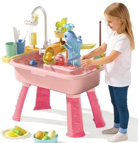 43pcs Water Table for Children, Kids Water Play Table for Outdoor Garden, Play Sink with Running Water, 180° Faucet, Removable Legs, Indoor Water Play Toys for Home & Kindergarten (Pink)