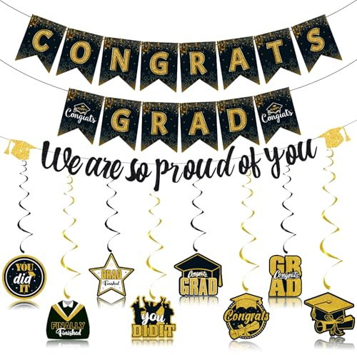 CAMOSE Graduation Decorations 2026 Black and Gold, Class of 2026 Congrats Grad Banner We Are So Proud Of You Banner Hanging Swirls, Congratulations Sign for Graduation Party Supplies