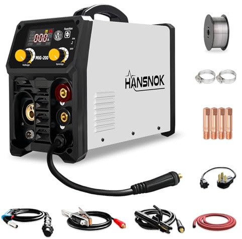 HANSNOK - Saldatrice MIG da 200 A, 4 in 1, saldatrice a gas MIG/Flux Core MIG/Lift TIG/Stick 110 V/220 V, doppia tensione, multiprocesso, saldatrice portatile con Synergy, inverter IGBT HD LED Display