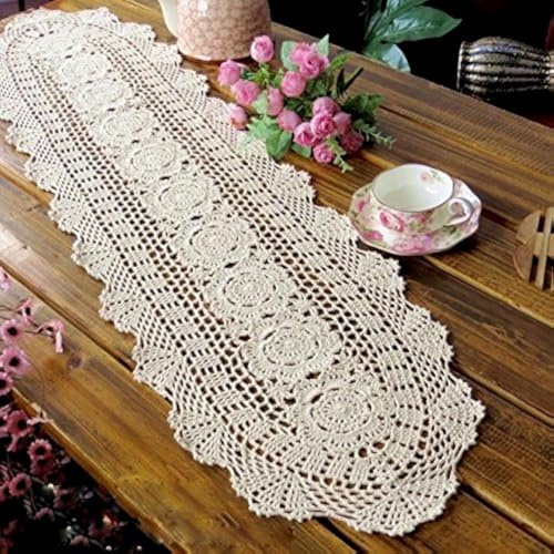 Laivigo Handmade Crochet Lace Oval Lucky Flower Tablecloth Table Runner Doilies Doily,12 x 51 Inch,Beige