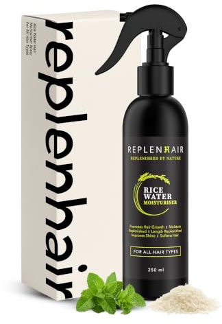 Replenhair Rice Water Organic Hair Growth Spray - Leave In Conditioner Infused with Peppermint Oil & Essential Oil for Hair Growth, Reduces Hair Fall, Dandruff & Promotes Thicker Hair - 250ml