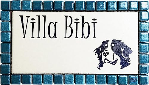 GUIZZO Creart - Plaque personnalisée Noms / Via en céramique, plaque modifiable avec cadre mosaïque, porte d'entrée avec numéro civique extérieur, fabriquée en Italie, 17 x 9,5 cm, crème/vert foncé