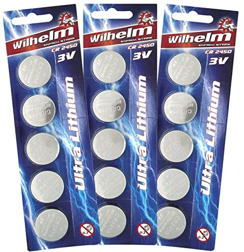 Wilhelm CR2450 Lithium Knopfzellen 3V 600 mAh, ø24,5x5 mm – 15 Stück