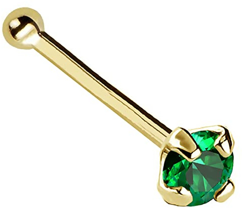 Jewelry Avalanche 22G Solid 14Kt Gold Nose Bone Stud with Prong Set real Emerald Gemstone, 14kt Yellow Gold or 14kt White Gold - May Birthstone Nose Ring-NBYG_ED-2MM