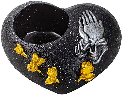 Novaliv Decoración para Tumba Con Forma de Corazón Negro y Manos Orar, Resistente a la Intemperie, Farolillo para Tumba, Soporte para Velas de Té, Piedra