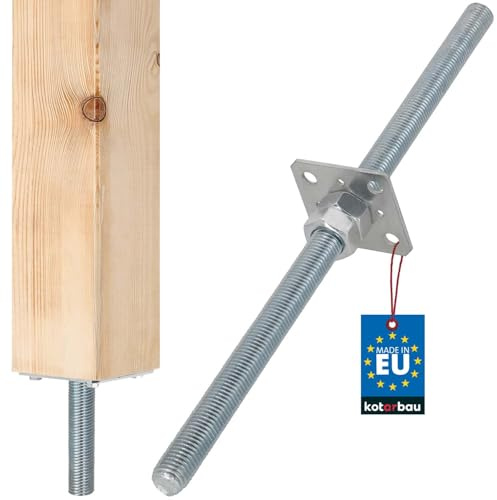 KOTARBAU® Pfostenträger höhenverstellbar 80x80 mm, Gewinde M24x500 mm | Balkenschuh zum Einbetonieren, Stützenfuß für Zaunpfosten & Holzbalken, verzinkter Stahl, Silber