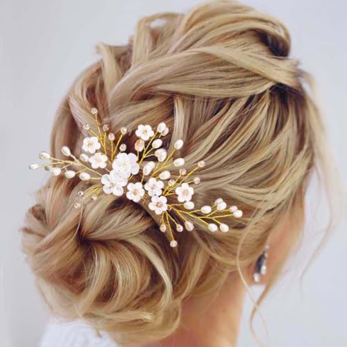 Edary - Peignes à cheveux de mariée en forme de fleur avec cristaux dorés et perles roses pour femmes et filles (doré)