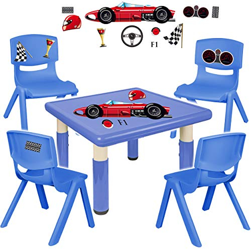 alles-meine.de GmbH Sitzgruppe für Kinder - Tisch + 4 Kinderstühle - Größen & Motiv & Farbwahl - Auto - Rennwagen/blau - höhenverstellbar - 1 bis 8 Jahre - Plastik - für INNEN ..
