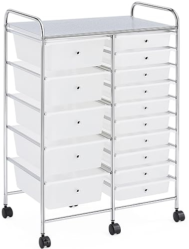 Yaheetech Rollwagen Badrollwagen mit 15 stapelbaren Schubladen, Rollcontainer Metallgestell, Haushaltswagen mit Bremsen, Aufbewahrungswagen rollbar, 62,5 × 36 × 91 cm