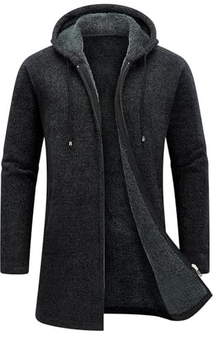 KUDORO Mens Knitted Cardigan Thick Hooded Sweater Jumper Full Front Zipper Warmth Winter Fleece Coat Long Sleeve Mid-Length Causal Sweaters for Men Dark Grey
