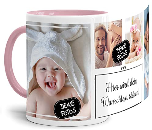 Foto-Tasse selbst gestalten mit Text & Collage für 4 Fotos - Geschenk für Familie, Freunde, Geburtstag, Weihnachten - Keramik Innen & Henkel Rosa, 300 ml I Personalisiert