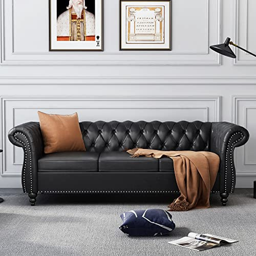 AVZEAR 84 Chesterfield Sofa 3-Seater, Classic Roll Arm PU Leather Couch with Button Tufted Back, Stain Resistant Upholstered Settee Large Sofa for Living Room, Black