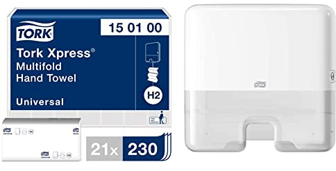 Tork Xpress Multifold Papierhandtücher 150100 - H2 Universal Falthandtücher - mehrfach gefaltet, 1-lagig, weiß - 21 x 230 Tücher & Xpress Mini Spender für Multifold Papierhandtücher 552100, weiß