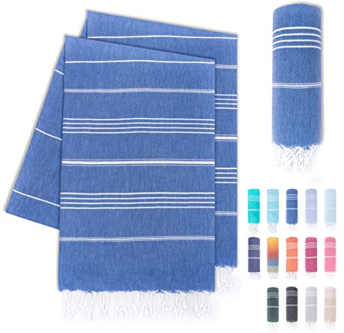 LAYNENBURG Hammam-handdukar i premiumkvalitet med handknutna fransar, 100 % bomull, XXL strandhandduk, Oeko-Tex 100, stor bastuhandduk och resehandduk, 95 x 180 cm, set med 2 (himmelsblå)