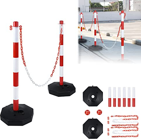LARS360 Absperrpfosten mit Kette, 82 x 28 x 28 cm Kettenpfosten aus Kunststoff für die Verkehrskontrolle oder Warnung an der Auffahrt, Garage, Rot-weiß (2er Pack)