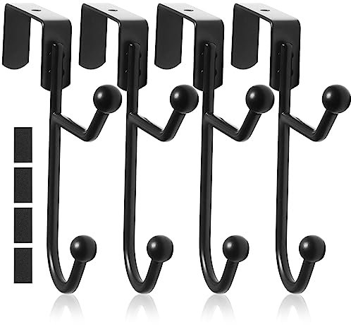 PEAKTOP 4PCS Over The Door Hooks Black, Overdoor Hook Hanger Double, Sturdy Metal Over Door Hangers with Two Hooks for Hanging Clothes Towel Hat Bag, for 1.5-1.85 Thick Doors